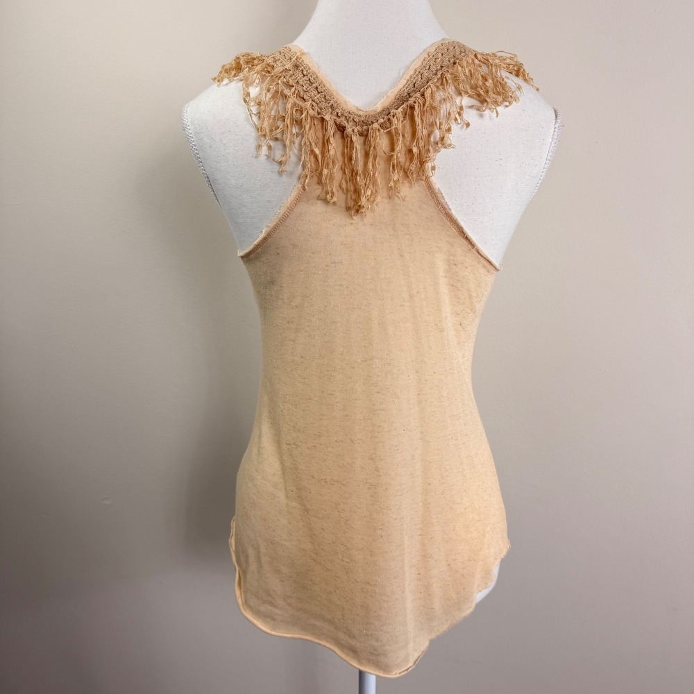 VTG. Free People Cream Slub Knit Racerback Tank Top Fringe Crochet Trim XS - Picture 3 of 9